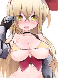 Rule 34 | 1girl, arm up, armor, bikini, bikini pull, blonde hair, blush, breasts, cleavage, clothes pull, gauntlets, highres, large breasts, long hair, morino donguri, navel, open mouth, original, pulling own clothes, ribbon, smile, solo, swimsuit, upper body, very long hair, yellow eyes