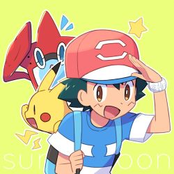 Rule 34 | 1boy, :d, ame (ame025), ash ketchum, backpack, bag, baseball cap, bright pupils, brown eyes, commentary request, copyright name, creatures (company), game freak, gen 1 pokemon, gen 4 pokemon, green background, green hair, hat, holding strap, male focus, nintendo, open mouth, outline, pikachu, pokemon, pokemon (anime), pokemon (creature), pokemon sm (anime), red headwear, rotom, rotom dex, shirt, short hair, short sleeves, smile, star (symbol), striped clothes, striped shirt, t-shirt, white pupils, z-ring
