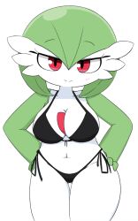 Rule 34 | 1girl, bare shoulders, bikini, black bikini, blush, breasts, cleavage, closed mouth, collarbone, colored skin, cowboy shot, creatures (company), female focus, front-tie bikini top, front-tie top, game freak, gardevoir, gen 3 pokemon, gluteal fold, green hair, green skin, groin, hair between eyes, half-closed eyes, hands on own hips, happy, highres, large breasts, light blush, looking at viewer, multicolored skin, navel, nintendo, pokemon, pokemon (creature), rarara (pixiv 14765246), red eyes, short hair, side-tie bikini bottom, simple background, smile, solo, split mouth, standing, stomach, string bikini, swimsuit, thick thighs, thighs, two-tone skin, white background, white skin