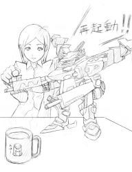 Rule 34 | 1girl, armored core, armored core: for answer, cup, female focus, from software, gun, jack-o, mecha, model, monochrome, robot, solo, weapon, white background, white glint