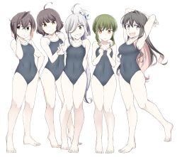 Rule 34 | 5girls, ahoge, asashimo (kancolle), barefoot, black hair, black one-piece swimsuit, blunt bangs, bob cut, braid, breasts, brown eyes, brown hair, commentary request, competition school swimsuit, covered navel, fang, flat chest, full body, green eyes, green hair, grey eyes, grin, hair over one eye, kantai collection, kishinami (kancolle), long hair, looking to the side, medium breasts, multicolored hair, multiple girls, naganami (kancolle), no eyewear, okinami (kancolle), one-piece swimsuit, open mouth, pink hair, ponytail, school swimsuit, shigino sohuzi, short hair, sidelocks, silver hair, skin fang, smile, standing, swimsuit, takanami (kancolle), two-tone hair, wavy hair