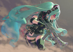 Rule 34 | 1girl, achako (badendo), aqua hair, bandaid, bandaid on face, battle rifle, belt, bipod, cable, character name, copyright name, dust, elbow pads, fingerless gloves, fusion, gloves, goggles, gun, hatsune miku, headphones, headset, holding, holding gun, holding weapon, holster, knee pads, load bearing vest, long hair, megaphone, microphone, military operator, pink-tinted eyewear, rifle, safety glasses, short sleeves, solo, sunglasses, thigh holster, thigh strap, thighhighs, tinted eyewear, trigger discipline, twintails, very long hair, visor, vocaloid, walkie-talkie, weapon, yamaha