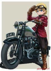 Rule 34 | 10s, 1girl, abazu-red, artist name, black pants, blonde hair, blue eyes, boots, braid, brown footwear, darjeeling (girls und panzer), girls und panzer, goggles, goggles on head, grey background, jacket, looking at viewer, motor vehicle, motorcycle, pants, red jacket, riding, shadow, short hair, signature, simple background, smile, solo, twin braids, vehicle, vehicle request