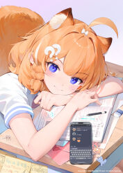 Rule 34 | 1girl, ?, ??, andychen, animal ear fluff, animal ears, blue eyes, blush, book, braid, cellphone, closed mouth, desk, hair ornament, highres, meridian project, open book, orange hair, pencil skirt, phone, school desk, short sleeves, skirt, smartphone, smile, solo, tail, translation request, virtual youtuber, yuzumi (meridian project)
