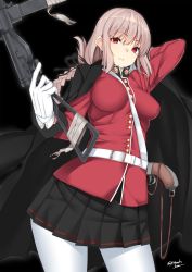 Rule 34 | 1girl, antique firearm, arm up, between breasts, black background, black coat, black skirt, blonde hair, blunderbuss, braid, breasts, closed mouth, coat, cowboy shot, empty eyes, fate/grand order, fate (series), firearm, florence nightingale (fate), gloves, glowing, gun, hair between eyes, highres, holding, holding gun, holding weapon, jacket, jacket on shoulders, large breasts, long hair, military, military uniform, nebusoku, pantyhose, pleated skirt, red eyes, sidelocks, signature, skirt, solo, sten gun, strap between breasts, submachine gun, trigger discipline, twitter username, uniform, weapon, white gloves, white pantyhose