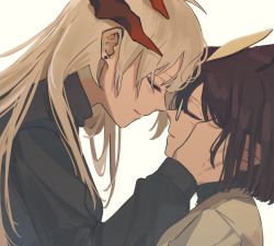 Rule 34 | 2girls, arknights, bad id, bad pixiv id, black coat, brown hair, closed eyes, coat, dragon horns, earrings, feather hair, forehead-to-forehead, glasses, hand on another&#039;s head, heads together, highres, horns, jewelry, light blush, long hair, multiple girls, noses touching, saria (arknights), short hair, silence (arknights), simple background, turtleneck, white background, white coat, white hair, yuri, zy (zyyyyyyy9)