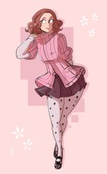 Rule 34 | 10s, 1girl, absurdres, brown eyes, brown hair, floral print, highres, mary janes, okumura haru, pantyhose, persona, persona 5, pink sweater, print pantyhose, ribbed sweater, scruffyturtles, shoes, short hair, skirt, solo, sweater, white pantyhose