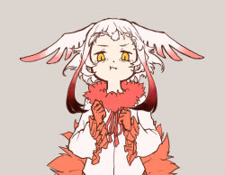 Rule 34 | 1girl, :t, bird tail, clenched hands, fur collar, gloves, gradient hair, grey background, hands up, head wings, highres, jacket, japanese crested ibis (kemono friends), kemono friends, long hair, long sleeves, looking at viewer, mountain han, multicolored hair, neck ribbon, orange gloves, pout, red hair, red ribbon, ribbon, short hair, simple background, solo, tail, tearing up, tears, upper body, white hair, white jacket, wings, yellow eyes