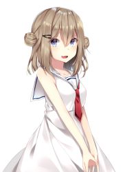 Rule 34 | 1girl, :3, :d, bare arms, bare shoulders, blue eyes, breasts, brown hair, collarbone, cowboy shot, double bun, dress, hair between eyes, hair bun, hair ornament, hairclip, highres, komomo (ptkrx), long dress, long hair, looking at viewer, necktie, open mouth, original, red necktie, sailor collar, sailor dress, short necktie, simple background, sleeveless, sleeveless dress, small breasts, smile, solo, standing, v arms, white background, white dress, white sailor collar