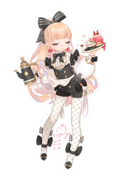 Rule 34 | 1girl, 2019, ankle bow, ankle ribbon, black bow, black bowtie, black dress, black footwear, blonde hair, blunt bangs, bow, bowtie, buttons, cake, closed eyes, closed mouth, dated, dress, earrings, fishnets, flats, food, frilled sleeves, frills, fruit, full body, hair bow, heart, heart earrings, holding, holding plate, holding teapot, jewelry, leg ribbon, long eyelashes, long hair, long sleeves, original, plate, ponytail, puffy long sleeves, puffy sleeves, ribbon, short dress, sidelocks, signature, simple background, solo, standing, strawberry, strawberry shortcake, striped, striped bow, sugar cube, tachi-e, teapot, waitress, white background, yua (tick-tack)