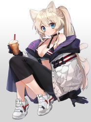 Rule 34 | 1girl, animal ears, asymmetrical clothes, bare shoulders, black gloves, blonde hair, blue eyes, breasts, cat ears, cat girl, cat tail, choker, cleavage, collarbone, crop top, cup, disposable cup, drinking straw, expressionless, gloves, gradient background, highres, holding, holding cup, jacket, knee up, leggings, long hair, long sleeves, looking at viewer, medium breasts, mid (gameshe), midriff, mole, mole on breast, off shoulder, open clothes, open jacket, original, ponytail, shoes, single pantsleg, sitting, sneakers, solo, spaghetti strap, strap gap, tail, very long hair, white background, white footwear, white jacket