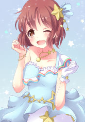 Rule 34 | 1girl, ;d, bad id, bad pixiv id, bracelet, brown eyes, brown hair, costume, gloves, hagiwara yukiho, hair ornament, idolmaster, idolmaster (classic), jewelry, md5 mismatch, mini39mame, necklace, one eye closed, open mouth, smile, solo, star (symbol), wink