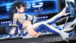 1girl absurdres aoi_sakura_(seak5545) black_hair blue_boots blue_gloves blue_shorts boots borrowed_character breasts commentary_request earrings eyewear_on_head fingerless_gloves gloves headset high_heel_boots high_heels highres jacket jewelry large_breasts long_hair looking_at_viewer multicolored_boots navel off_shoulder original panty_straps parted_lips ponytail race_queen red_eyes short_shorts shorts sitting smile solo strapless thigh_boots tube_top two-tone_boots two-tone_shorts waving white_boots white_gloves white_shorts