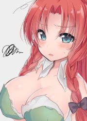 Rule 34 | 1girl, asa (coco), bad id, bad twitter id, blush, bow, braid, breasts, cleavage, female focus, green eyes, grey background, hair bow, hair ornament, hong meiling, large breasts, open mouth, red hair, solo, sweatdrop, torn clothes, touhou, twin braids, upper body