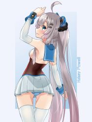 Rule 34 | 1girl, ahoge, animal ears, arm up, azur lane, bare shoulders, blue eyes, blue panties, blush, breasts, cat ears, character name, closed mouth, detached sleeves, fake animal ears, from behind, gradient background, gradient hair, grey hair, hair ornament, hairclip, halsey powell (azur lane), highres, long hair, looking at viewer, looking back, marimo daifuku, multicolored hair, panties, pink hair, pleated skirt, sideboob, simple background, skirt, small breasts, solo, thighhighs, twintails, underwear, very long hair, white skirt, white thighhighs