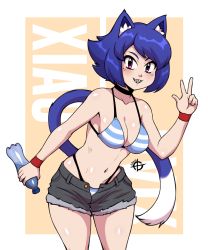 Rule 34 | 1girl, 2020, animal ears, bikini, blue hair, blush, borrowed character, bottle, breasts, cat ears, cat tail, choker, cleavage, collarbone, eyebrows, freckles, grin, highres, holding, holding bottle, large breasts, looking at viewer, original, parted lips, purple eyes, short hair, short shorts, shorts, smile, solo, striped bikini, striped clothes, swept bangs, swimsuit, taggo, tail, teeth, v, water bottle