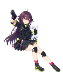 Rule 34 | 1girl, aiming, aiming at viewer, brown hair, full body, girls&#039; frontline, gun, hair ornament, hairclip, handgun, long hair, name connection, official art, open mouth, p226 (girls&#039; frontline), philomelalilium, red eyes, seal (animal), sig p220/p226, simple background, solo, vest, weapon, white background