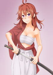 Rule 34 | 1girl, ahoge, anti (untea9), arashi (kancolle), chest sarashi, color connection, commentary request, cosplay, cowboy shot, gradient background, hair color connection, hakama, hakama skirt, highres, himura kenshin, himura kenshin (cosplay), japanese clothes, kantai collection, kimono, looking at viewer, medium hair, purple background, purple eyes, purple kimono, red hair, sarashi, sheath, skirt, solo, sword, unsheathing, weapon, white hakama