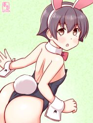 Rule 34 | 1girl, animal ears, artist logo, ass, bare legs, bare shoulders, black leotard, blush, bow, bowtie, brown eyes, colored eyelashes, covered navel, cowboy shot, dated, detached collar, fake animal ears, gradient background, kanon (kurogane knights), kantai collection, leotard, looking at viewer, looking back, one-hour drawing challenge, open mouth, playboy bunny, purple hair, rabbit ears, rabbit tail, sakawa (kancolle), short hair, smile, solo, strapless, strapless leotard, tail, traditional bowtie, wrist cuffs
