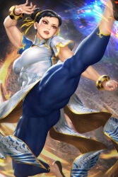 Rule 34 | 1girl, black footwear, black hair, blue pants, bracelet, breasts, brown eyes, capcom, china dress, chinese clothes, chun-li, commentary, double bun, dress, earrings, english commentary, hair bun, hair ribbon, highres, jewelry, large breasts, leg up, medium breasts, mixed-language commentary, muscular, muscular female, neoartcore, paid reward available, pants, patreon username, ribbon, short hair, solo, street fighter, street fighter 6, thai commentary, white dress, yellow ribbon