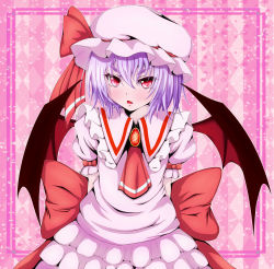 Rule 34 | 1girl, :o, arms behind back, ascot, bat wings, blouse, border, bow, brooch, diamond (shape), fang, female focus, hat, hat ribbon, highres, jewelry, light particles, light purple hair, looking at viewer, misumo, mob cap, pink background, puffy short sleeves, puffy sleeves, red eyes, remilia scarlet, ribbon, shirt, short hair, short sleeves, skirt, slit pupils, solo, star (symbol), striped, striped background, touhou, wings