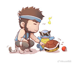 Rule 34 | 1boy, :3, = =, affectionate, arm tattoo, artist request, bara, bare arms, beard, black hair, blue headband, blue shirt, brucie (infighter821), check artist, chibi, creatures (company), cross, cross necklace, deformed, dungeon and fighter, facial hair, from side, full beard, game freak, gen 1 pokemon, happy, headband, jewelry, kulolin, male focus, male priest (dungeon and fighter), motion lines, muscular, muscular male, necklace, nintendo, poke ball, pokemon, profile, second-party source, shirt, sleeveless, sleeveless shirt, squirtle, sunglasses, tail, tattoo, thick eyebrows, tiger tail