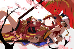 Rule 34 | 1girl, beni8539, benienma (fate), bird, bird on hand, brown hair, cherry blossoms, fate/grand order, fate (series), feather trim, hat, highres, japanese clothes, kimono, lying, oil-paper umbrella, on back, red eyes, smile, sparrow, umbrella