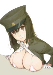 Rule 34 | 10s, 1girl, akitsu maru (kancolle), bikini, bikini under clothes, black eyes, black hair, blazer, breast rest, breasts, buttons, cleavage, collared shirt, covered erect nipples, gloves, hair between eyes, hat, huge breasts, jacket, kantai collection, light smile, looking at viewer, micro bikini, military, military uniform, open clothes, open jacket, open shirt, peaked cap, shirt, short hair, sideboob, simple background, smile, solo, swimsuit, swimsuit under clothes, unbuttoned, uniform, upper body, white background, white bikini, white gloves, yuuji (and)
