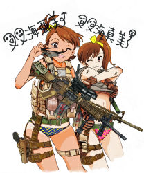Rule 34 | 2girls, :3, ;3, assault rifle, bandaid, bikini, blue bikini, body armor, brown eyes, brown gloves, brown hair, character name, closed mouth, clothes lift, commentary request, cowboy shot, cropped legs, crotch seam, futami ami, futami mami, gloves, gun, hair ribbon, harness, holding, holding removed eyewear, holster, idolmaster, idolmaster (classic), lifted by self, looking at viewer, m4 carbine, medium hair, multiple girls, nakamura 3sou, name tag, navel, one-piece tan, one eye closed, open mouth, pink bikini, polka dot, polka dot bikini, pouch, ribbon, rifle, scope, shirt lift, short hair, short sleeves, siblings, side ponytail, simple background, sisters, smile, standing, swept bangs, swimsuit, tan, tanline, thigh holster, thigh pouch, translated, twins, united states marine corps, unworn eyewear, weapon, white background, yellow ribbon