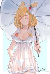 Rule 34 | 1girl, ^ ^, absurdres, animal ears, arknights, baihuokaihuala, blonde hair, breasts, cleavage, closed eyes, commentary request, cowboy shot, dress, highres, holding, holding umbrella, kroos (arknights), medium breasts, navel, puffy short sleeves, puffy sleeves, rabbit ears, see-through, short sleeves, smile, solo, standing, umbrella, white dress