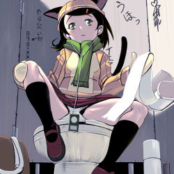 Rule 34 | 1girl, kneehighs, kouno (masao), legs, original, scarf, socks, solo, toilet, toilet stall, translation request, yaranaika