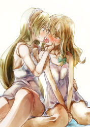 Rule 34 | 2girls, babydoll, bare legs, blonde hair, blue eyes, breasts, camisole, cleavage, doll joints, eye contact, french kiss, hairband, joints, kirisame marisa, kiss, long hair, looking at another, medium breasts, multiple girls, no headwear, no headwear, saliva, shanghai doll, shared food, sitting, tongue, tongue out, touhou, wariza, yellow eyes, yohane, yuri