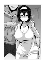 Rule 34 | 1boy, 1girl, blush, breasts, cleavage, collarbone, curtains, greyscale, hairband, hand on another&#039;s ass, heavy breathing, hetero, highres, imagawa akira, jewelry, large breasts, monochrome, muscular, muscular male, original, pointing, pregnancy test, ring, sparkle, sweat, tongue, tongue out, wedding ring