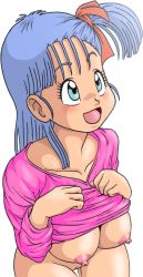 Rule 34 | 1girl, blue hair, blush, breasts, bulma, clothes lift, dragon ball, large breasts, nipples, pink shirt, pussy, shirt, shirt lift, smile, tagme, uncensored