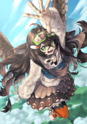 Rule 34 | 1girl, absurdres, ahoge, alchemy stars, brown hair, brown skirt, cloud, collar, crossed bangs, day, feathered wings, flying, goggles, goggles on head, green eyes, hair ornament, highres, layered skirt, long hair, looking at viewer, mayagi (mayagi61), open mouth, orange thighhighs, outdoors, outstretched arm, reaching, reaching towards viewer, shoes, skirt, smile, sneakers, solo, sweater, thighhighs, wendy (alchemy stars), white sweater, wings