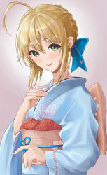 Rule 34 | 1girl, absurdres, ahoge, alternate costume, artoria pendragon (all), artoria pendragon (fate), blonde hair, blue kimono, braid, commentary request, fate/grand order, fate/stay night, fate (series), floral print, gradient background, green eyes, hair between eyes, hair ornament, highres, huziko32, japanese clothes, kimono, long sleeves, looking at viewer, open mouth, parted lips, saber (fate), simple background, solo, wide sleeves, ||/
