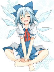 Rule 34 | 1girl, ^ ^, ankle grab, bad id, bad pixiv id, bare legs, barefoot, blue dress, blue hair, blue skirt, blush, bow, cirno, closed eyes, dress, closed eyes, face, feet, hair bow, hair ribbon, hands on feet, head tilt, ice, ice wings, indian style, kako11, open mouth, ribbon, short hair, sitting, skirt, smile, snowflakes, solo, touhou, v arms, wings
