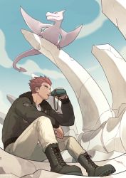 Rule 34 | 1boy, aerodactyl, alternate costume, boots, cloud, commentary request, crack, creatures (company), day, drinking, from below, fur-trimmed jacket, fur trim, game freak, gen 1 pokemon, grey footwear, grey jacket, hand up, holding, jacket, lance (pokemon), long sleeves, male focus, nintendo, outdoors, pants, pokemon, pokemon (creature), pokemon hgss, red hair, short hair, sky, spiked hair, white pants, y (036 yng)