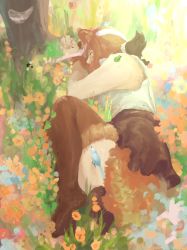 Rule 34 | 1girl, animal, animal ears, arm rest, bare arms, bare shoulders, bear ears, bee, bird, black hair, brown hair, brown skirt, brown thighhighs, bug, closed eyes, day, flower, frog, full body, fur skirt, fur trim, grass, hair ornament, hair scrunchie, headband, highres, insect, kemono friends, knees up, kodiak bear (kemono friends), long hair, lying, multicolored hair, no shoes, on grass, on ground, on side, outdoors, r birdy, scrunchie, shirt, skirt, sleeping, sleeveless, sleeveless shirt, solo, thighhighs, two-tone hair, white shirt, zettai ryouiki