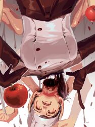 Rule 34 | 1girl, apple, apron, arthropod limbs, black apron, black gloves, black hair, blood, blood drip, blood from mouth, bloody tears, breasts, chainsaw man, chef, chef hat, closed eyes, elbow gloves, extra arms, falling devil (chainsaw man), flat top chef hat, food, fruit, gloves, hat, highres, holding head, medium breasts, nosebleed, pointing, pointing down, severed head, short hair, short ponytail, side ponytail, solo, tsujii luki, upside-down, waist apron