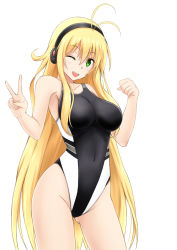 Rule 34 | 1girl, ;d, alternate costume, antenna hair, black one-piece swimsuit, blonde hair, blush, breasts, clenched hand, competition swimsuit, covered navel, cowboy shot, eyebrows, fuuma nagi, gluteal fold, green eyes, headphones, highleg, highleg swimsuit, large breasts, long hair, looking at viewer, one-piece swimsuit, one eye closed, open mouth, purple eyes, simple background, smile, solo, swimsuit, tsurumaki maki, vocaloid, voiceroid, white background