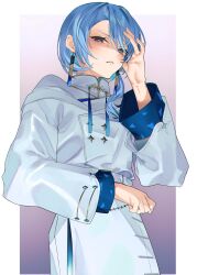 Rule 34 | absurdres, blue eyes, blue hair, chinese clothes, coat, disgust, earrings, eredhen, hair between eyes, hand on own face, highres, hololive, hoshimachi suisei, hoshimachi suisei (8th costume), hoshimachi suisei (oriental suit), jewelry, long sleeves, looking at viewer, looking down, scowl, shaded face, short hair, virtual youtuber, white coat