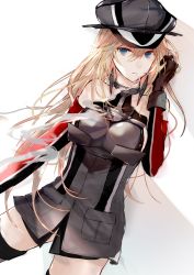 Rule 34 | 1girl, absurdres, bare shoulders, bismarck (kancolle), blonde hair, blue eyes, brown gloves, cigarette, detached sleeves, gloves, grey thighhighs, hair between eyes, hat, highres, kantai collection, long hair, military, military hat, military uniform, okayu (papiko1111), peaked cap, smoking, solo, thighhighs, uniform
