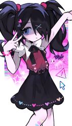 Rule 34 | 1girl, absurdres, ame-chan (needy girl overdose), arm up, bandaid, bandaid on leg, black hair, black ribbon, black skirt, bracelet, cat, closed mouth, collar, collared shirt, commentary request, cursor, emoji, grizzace, hair ornament, hair over one eye, hair tie, hairclip, hand up, heart, heart hair ornament, highres, jewelry, long hair, looking at viewer, multicolored nails, nail polish, neck ribbon, needy girl overdose, pleading face emoji, purple eyes, red shirt, ribbon, shaded face, shirt, shirt tucked in, skirt, solo, standing, star (symbol), suspender skirt, suspenders, twintails, v, white collar, x hair ornament