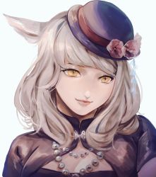 Rule 34 | 1girl, animal ears, bad id, bad pixiv id, breasts, cat ears, cleavage, closed mouth, final fantasy, final fantasy xiv, flower, gem, hat, hat flower, highres, kuroge (kewagyuu), lips, long hair, miqo&#039;te, pearl (gemstone), pink flower, portrait, purple hat, silver hair, simple background, slit pupils, smile, solo, warrior of light (ff14), white background, yellow eyes