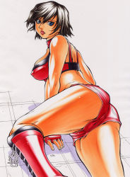 Rule 34 | 1girl, ass, black hair, blue eyes, boots, breasts, brown hair, covered erect nipples, fingerless gloves, from behind, gloves, highres, hinomoto reiko, knee boots, lipstick, looking back, makeup, medium breasts, midriff, minyanyako, nipples, rumble roses, short hair, short shorts, shorts, solo