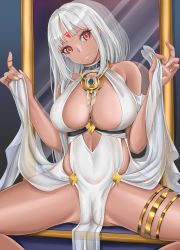 Rule 34 | 1girl, azur lane, bare shoulders, breasts, center opening, cleavage, closed mouth, clothes lift, commentary request, covered navel, dark-skinned female, dark skin, dress, dress lift, facial mark, forehead mark, halter dress, halterneck, head tilt, highres, large breasts, lifted by self, long hair, looking at viewer, massachusetts (azur lane), massachusetts (dressed to impress) (azur lane), mirror, native american, pelvic curtain, reflection, see-through, silver hair, sitting, skate1014, sleeveless, sleeveless dress, smile, solo, spread legs, thighlet, thighs, white dress