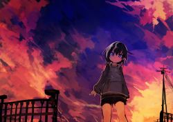 Rule 34 | 1girl, absurdres, black hair, blue eyes, character request, female focus, grey hoodie, highres, hood, hoodie, kaamin (mariarose753), kantai collection, looking at viewer, power lines, short hair, shorts, shorts under skirt, skirt, solo, sunset