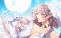 Rule 34 | 1girl, arm up, azura (fire emblem), bare shoulders, breasts, bug, butterfly, collar, collarbone, corrin (female) (fire emblem), corrin (fire emblem), cosplay, elbow gloves, fire emblem, fire emblem heroes, floating hair, gloves, glowing, highres, insect, large breasts, long hair, looking at another, nintendo, open mouth, pointy ears, red eyes, sleeveless, smile, solo, tagme, upper body, veil, yakusuke