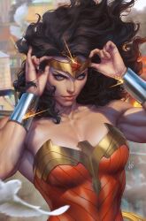 Rule 34 | 1girl, armpit crease, bare shoulders, bird, black hair, blue eyes, blurry, blurry background, breasts, circlet, cleavage, collarbone, dc comics, diana prince, dove, gauntlets, highres, light smile, lips, long hair, looking at viewer, mature female, medium breasts, official art, parted lips, realistic, signature, solo, stanley lau, strapless, wonder woman